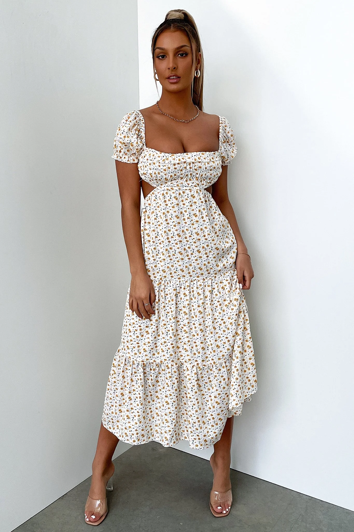 Noelle Midi Dress - Yellow Floral - XTXFMF