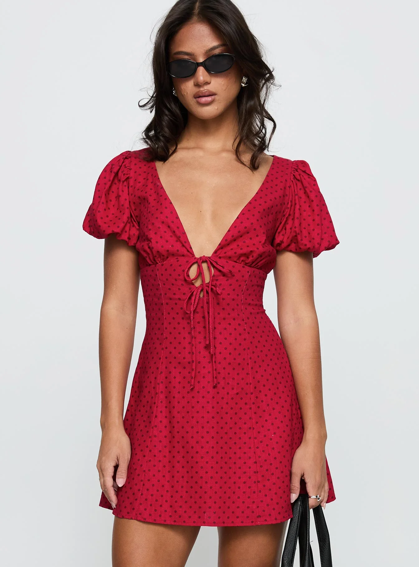 Beloved Puff Sleeve Linen Blend Mini Dress Red Polka - XTXFMF