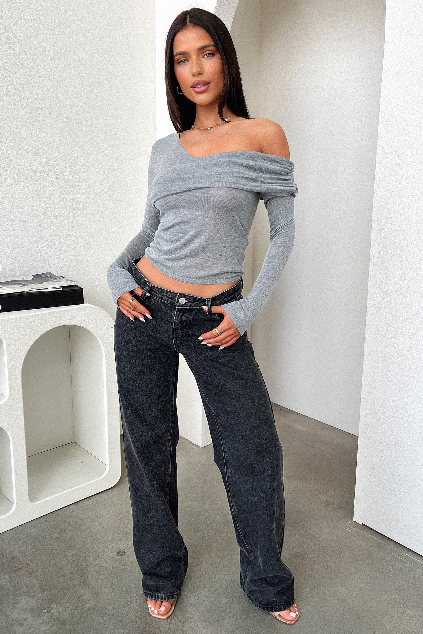 Rochelle Off Shoulder Long Sleeve Top - Grey - XTXFMF