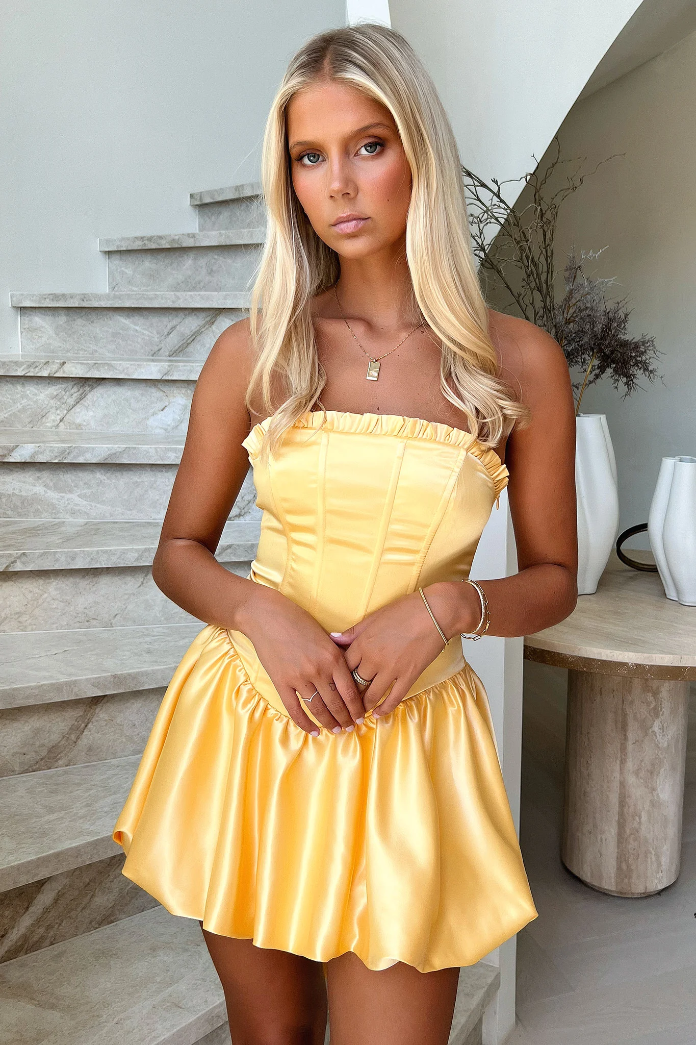 Beauty Strapless Satin Dress - Yellow - XTXFMF