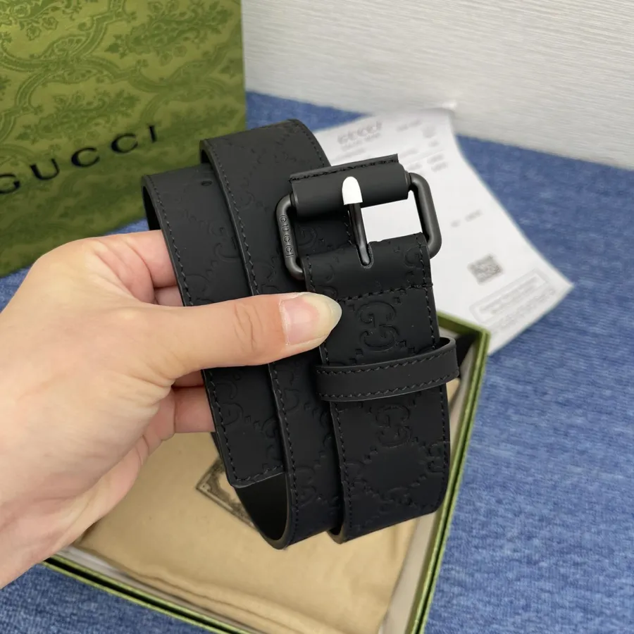 Gucci Men's Square Buckle Belt In Green/Black Rubber-Effect GG Leather With Green/Black Hardware 40mm