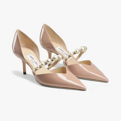 JIMMY CHOO Pearl-embellished pink lacquered leather pointed high heels