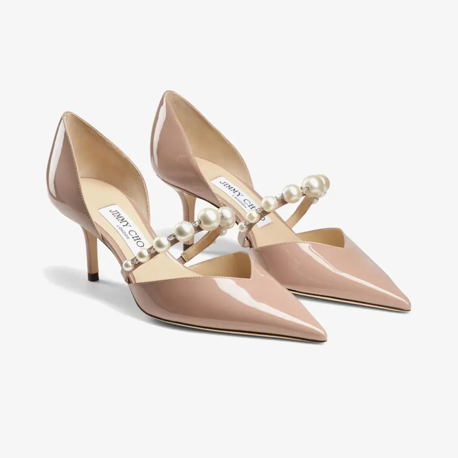 JIMMY CHOO Pearl-embellished pink lacquered leather pointed high heels
