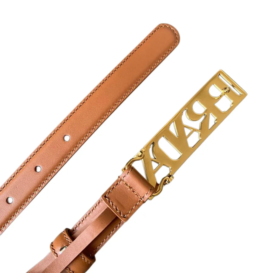 Prada Women' s Rectangled Buckle Belt In Brown/Red Calfskin With Gold Hardware 20mm