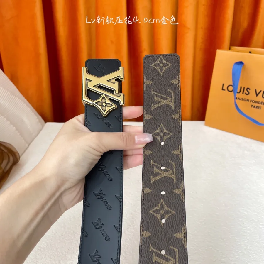 Louis Vuitton Men's LV Flower Buckle Reversible Belt In Black Calfskin And Black/Brown Monogram Canvas With Gold/Silver Hardware 40mm