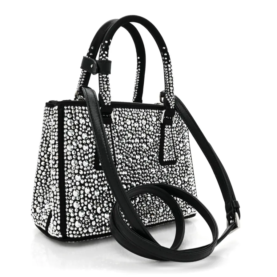 Prada Mini Galleria Double Zip Tote Black Metal Satin & Crystal Silver Hardware