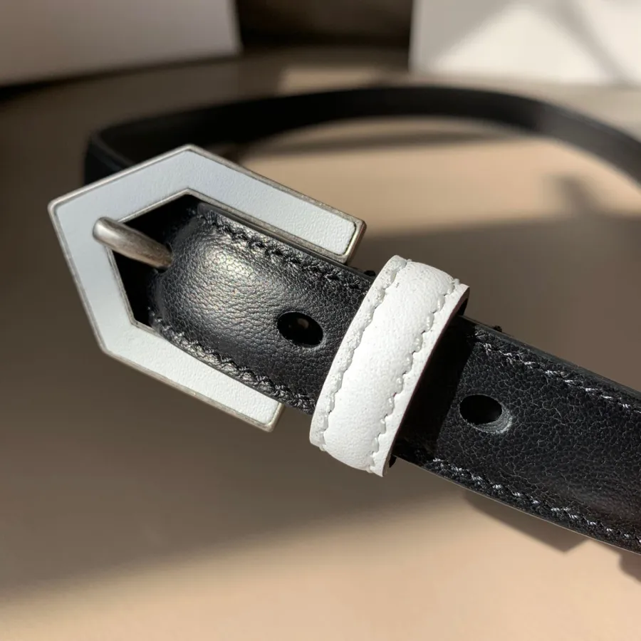 Saint Laurent Triangle Frame Buckle Thin Belt In Black/White Smooth Calfskin With Silver Hardware 20mm