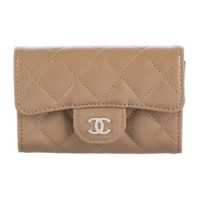 Chanel Small Flap Card Holder Wallet Neutrals Quilted Leather Silver Hardware