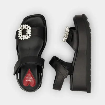 Roger Vivier Slidy Viv' Wedge Sandals In Black Calfskin Leather With Crystal Buckle (Heel Height 6.5cm)