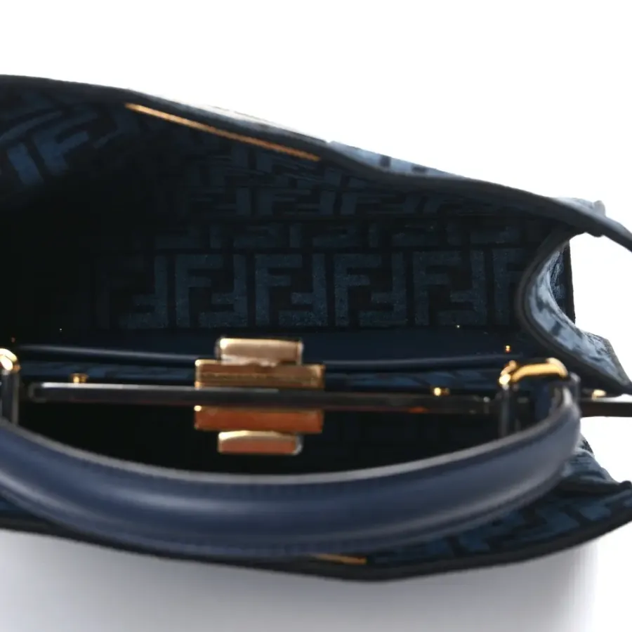 Fendi Medium FF Peekaboo I SEE U Satchel Blue/Black Chenille & Vitello Seta Leather Gold Hardware