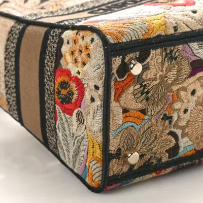 Dior Medium Lady D-Lite Beige/Black/Multicolor Floral Embroidered Canvas Gold Hardware