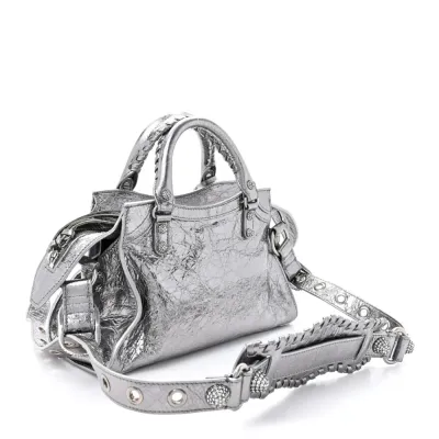 Balenciaga XS Crystal Neo Cagole Handbag Silver Agneau Arena Leather Silver Hardware