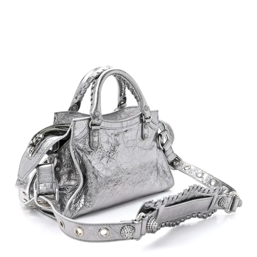 Balenciaga XS Crystal Neo Cagole Handbag Silver Agneau Arena Leather Silver Hardware