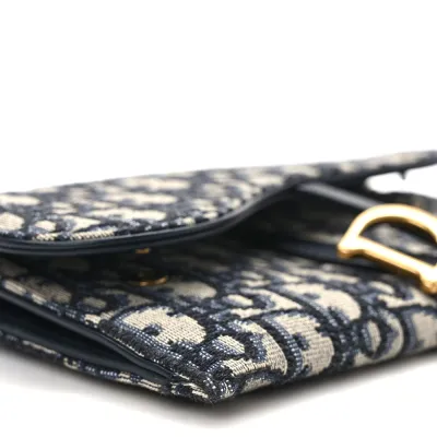 Dior Mini Saddle Chain Long Wallet Blue Oblique Canvas Gold Hardware
