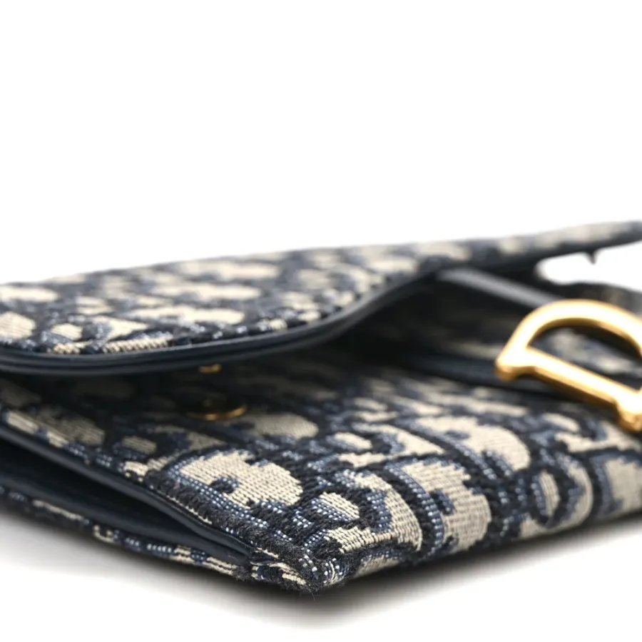 Dior Mini Saddle Chain Long Wallet Blue Oblique Canvas Gold Hardware