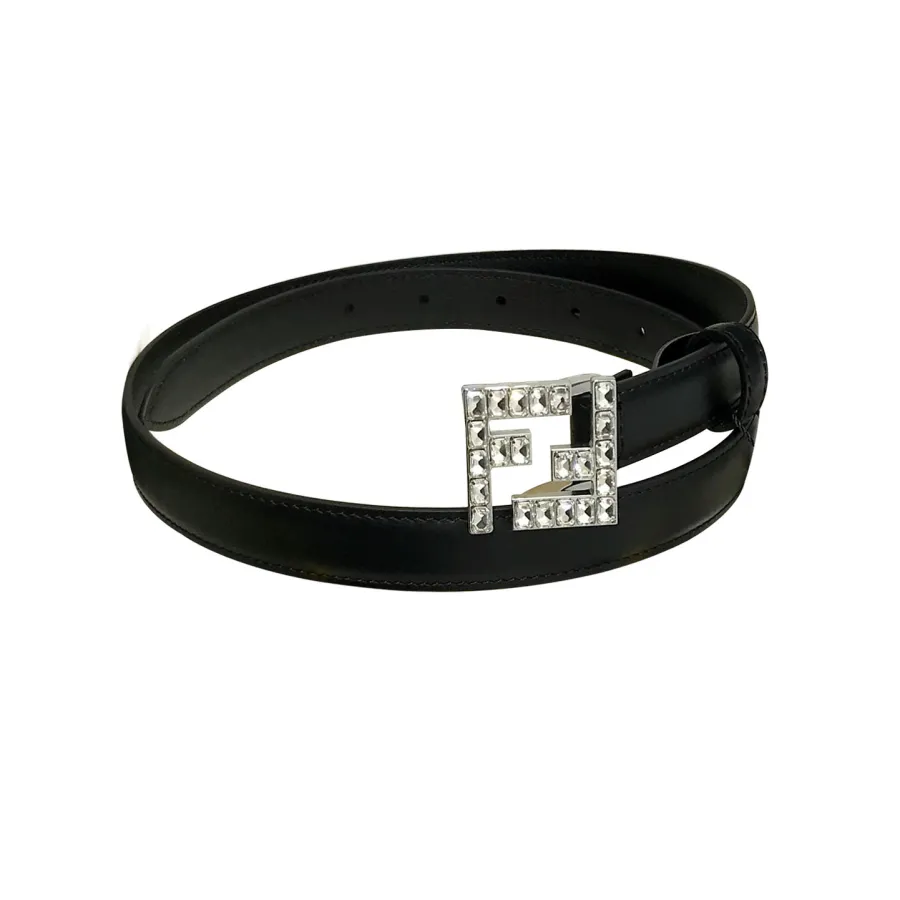 Fendi Women's FF Buckle With Crystal Belt In Black Calfskin With Silver Hardware 20mm