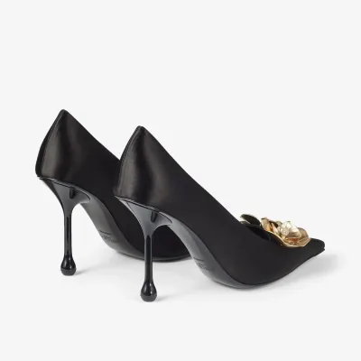 JIMMY CHOO Black satin floral embellished heels