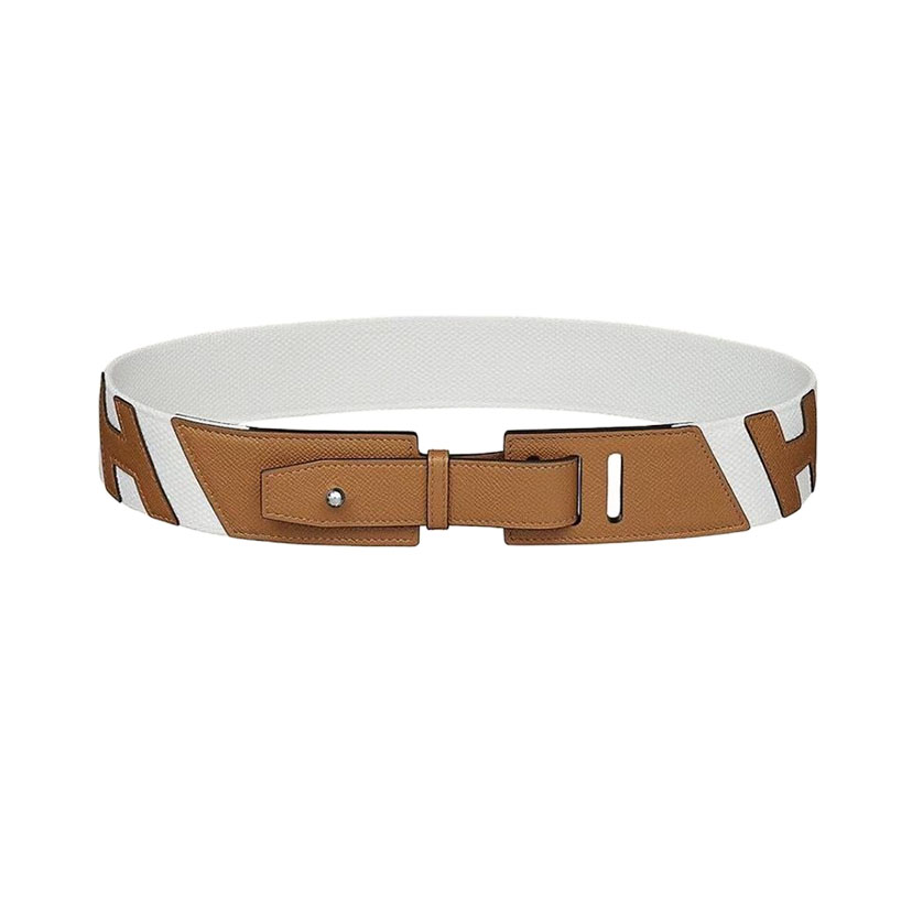 Hermès Cinto Fivela Ceinture Croisière Feminino em Couro Bezerro Marrom/Branco com Ferragens Prateadas 50mm