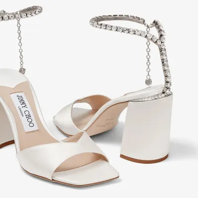 JIMMY CHOO Crystal chain ivory white satin sandals with wide high heels