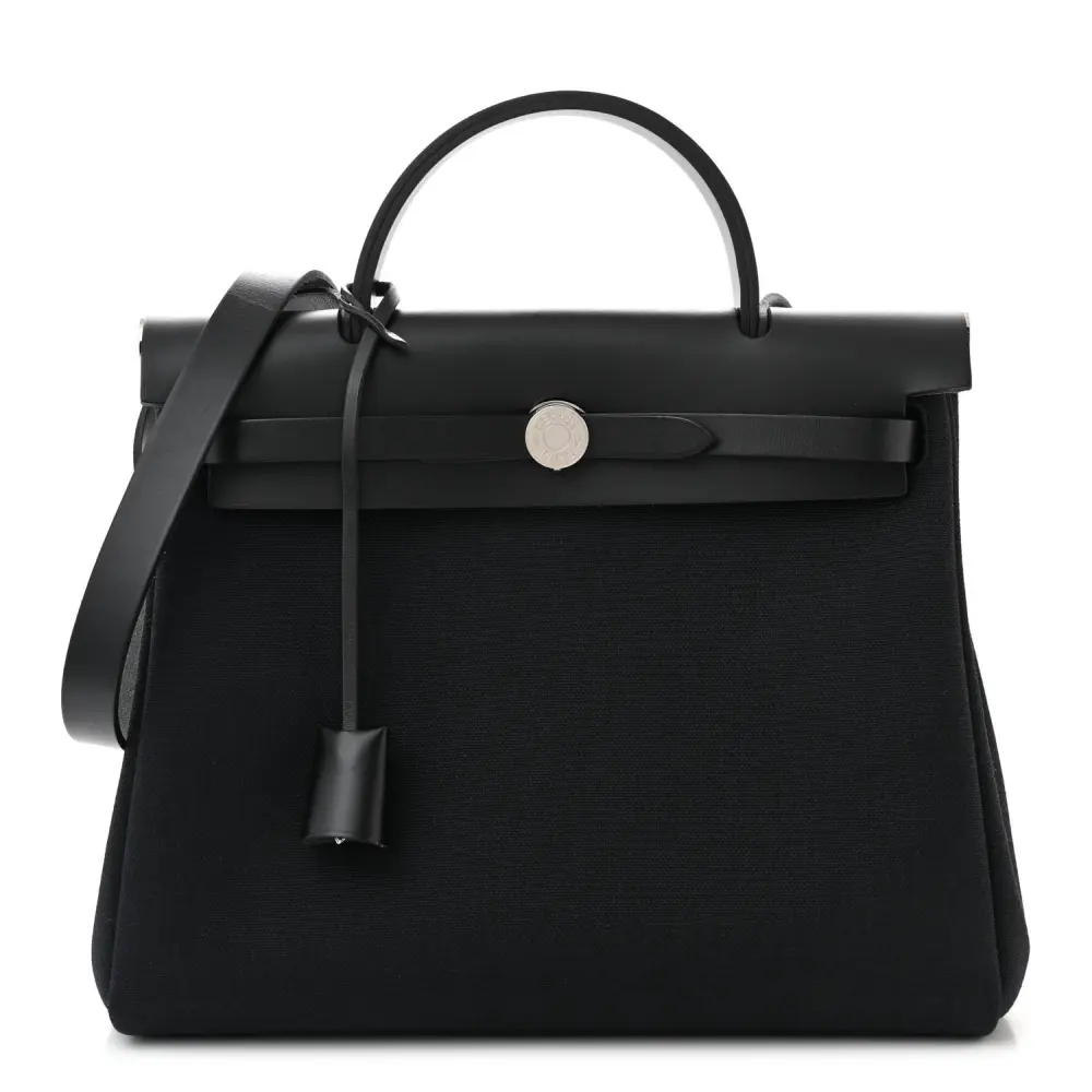 Hermès Herbag Zip PM 31 Preto Militar Toile & Couro Vache Hunter Hardware Prata Paládio