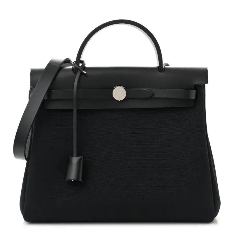 Hermès Herbag Zip PM 31 Black Military Toile & Vache Hunter Leather Palladium Silver Hardware