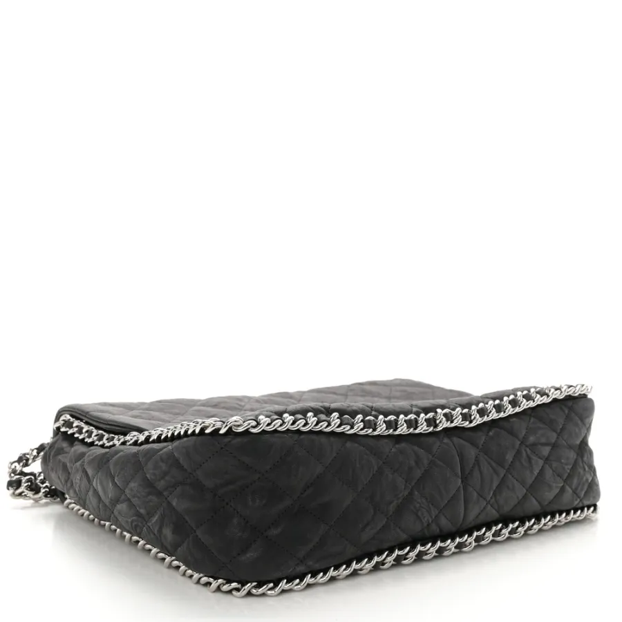 Chanel Chain Around Flap Maxi Black Quilted Washed Lambskin Leather Silver Hardware