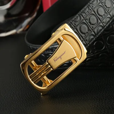 Ferragamo Men's Square Buckle Belt In Black Gancini Monogram Calfskin With Gold/Silver Hardware 35mm