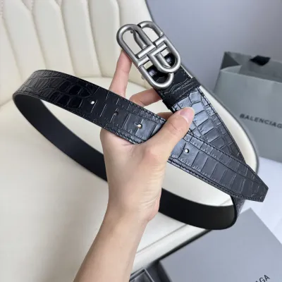 Balenciaga Men's New BB Palladium Buckle Belt In Black Embossed Crocodile Calfskin With Silver/Gold/Matte Black Hardware 35mm