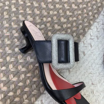 Roger Vivier Viv' Rangers Mules Sandals In White/Black/Blue Leather With Crystal Buckle (Heel Height 5.5cm)