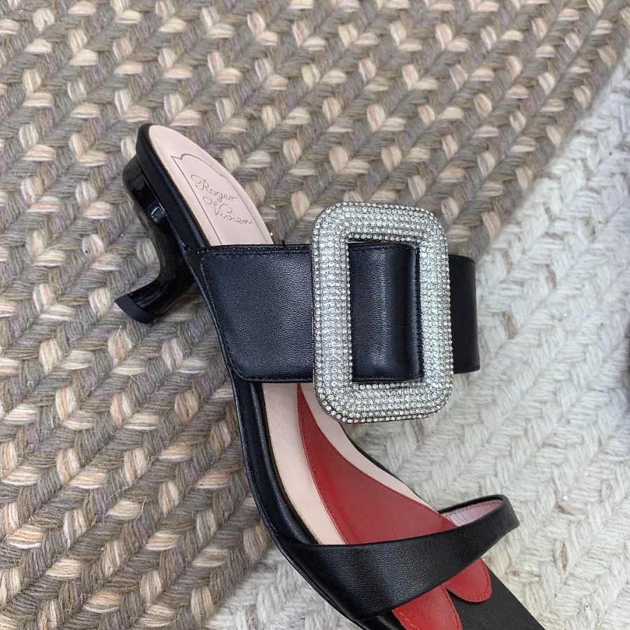 Roger Vivier Viv' Rangers Mules Sandals In White/Black/Blue Leather With Crystal Buckle (Heel Height 5.5cm)