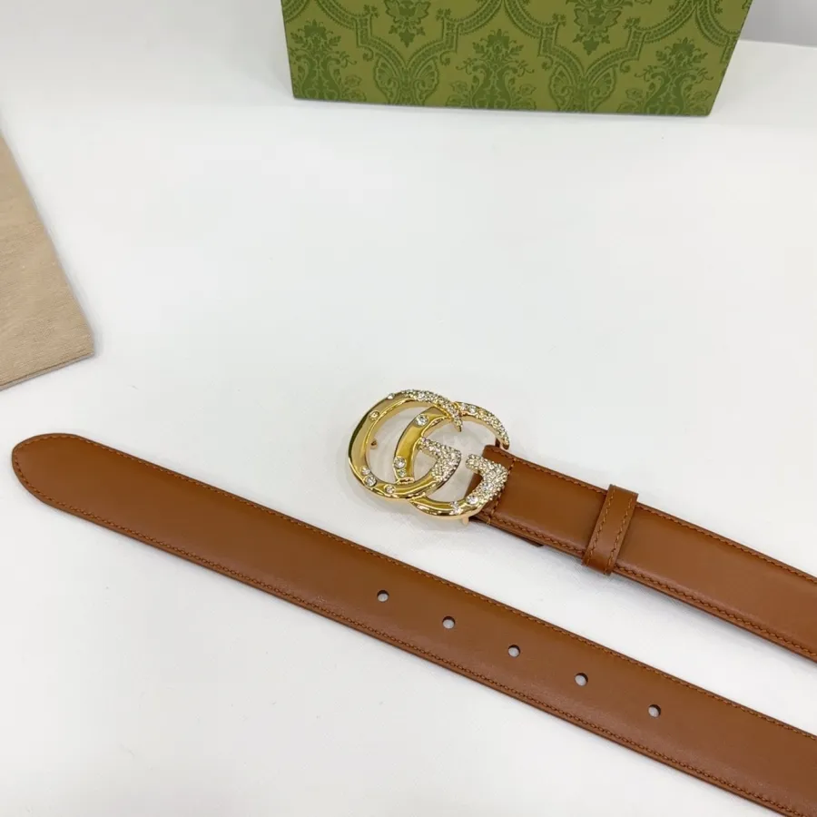 Gucci Women's GG Buckle With Beading Marmont Thin Belt In Black/White/Brown/Silver Smooth Calfskin With Gold/Silver Hardware 30mm