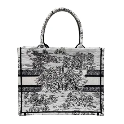 Dior Medium Dior Book Tote White Embroidery with Black Toile de Jouy Scotland Motif Embroidery