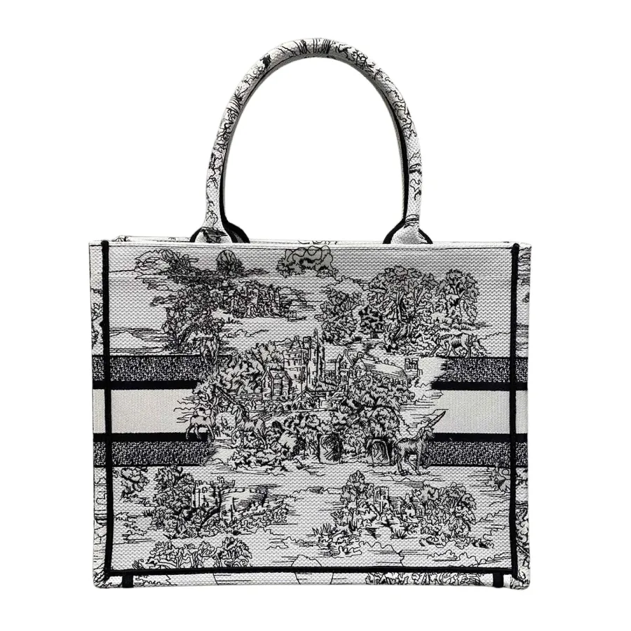 Dior Medium Dior Book Tote White Embroidery with Black Toile de Jouy Scotland Motif Embroidery