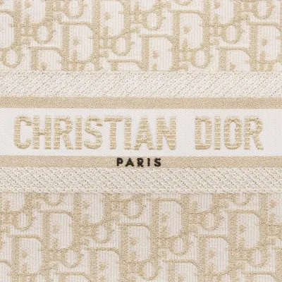 Dior Small Dior Book Tote In Natural Dior Oblique Embroidery And Calfskin Gold Hardware