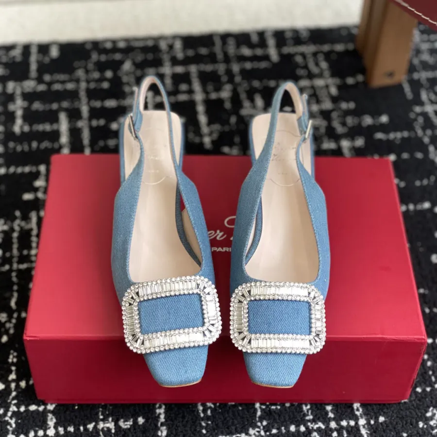 Roger Vivier Belle Viver Slingback Pumps High Heels In Blue Denim With Crystal Buckle (Heel Height 4.5cm)