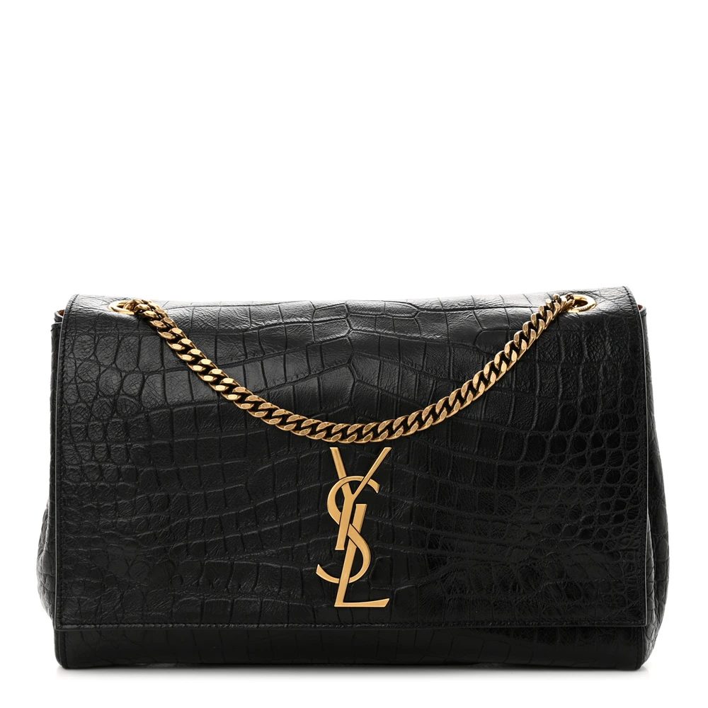Saint Laurent Bolsa Média Kate Satchel Preta Reversível com Monograma em Relevo em Couro de Bezerro e Couro de Crocodilo Hardware Envelhecido Dourado