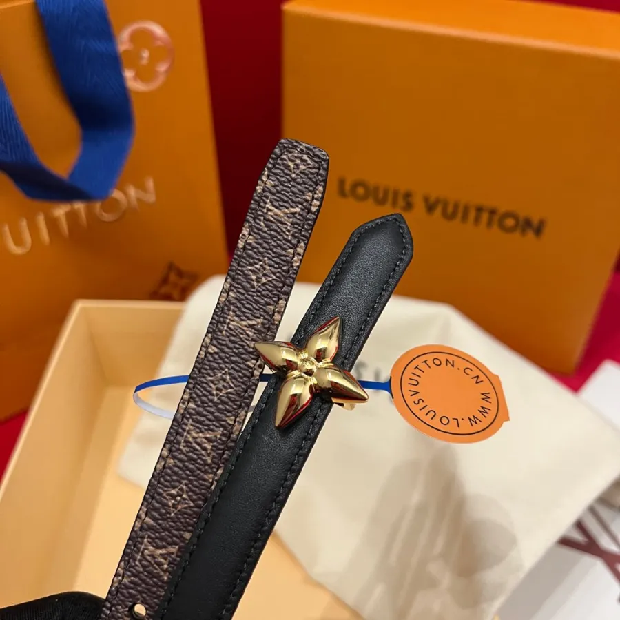 Louis Vuitton Women's Mini Flowergram Reversible Belt In Black Calfskin And Monogram Canvas With Gold/Silver/Pink/Black Hardware 15mm