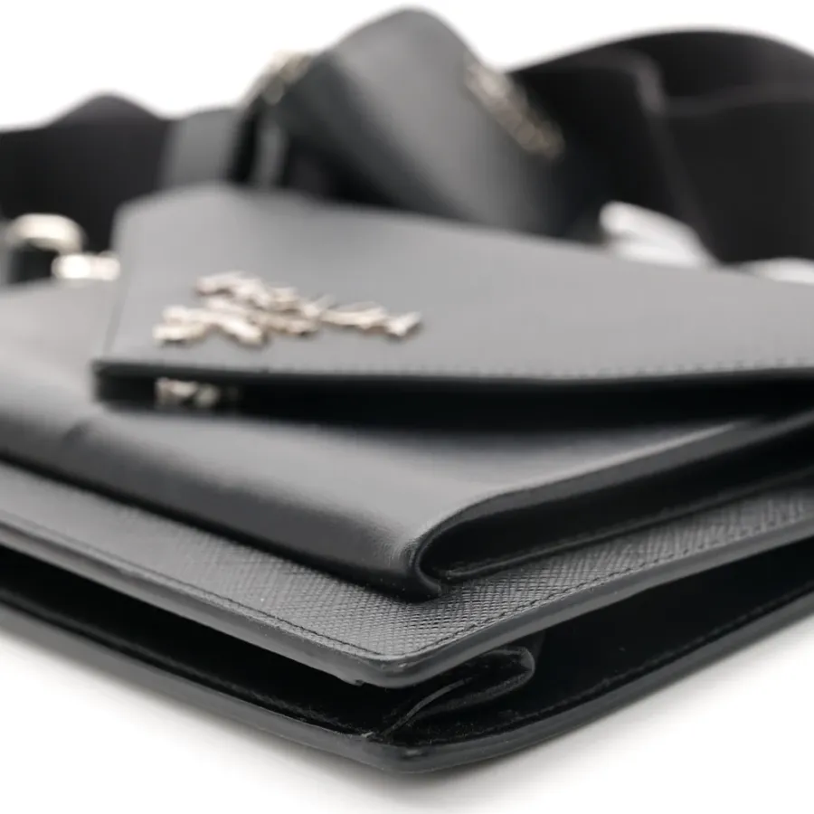 Prada Mini Envelope Bag Black Saffiano & City Calf Leather Silver Hardware