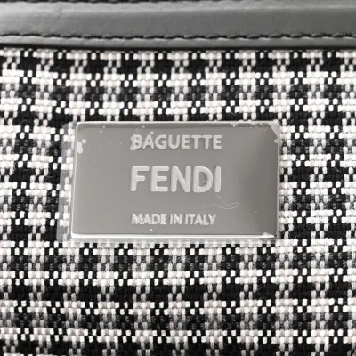 Fendi FF Embroidered Baguette Grigio / Anthracite Houndstooth Wool & King Vitello Leather Ruthenium Hardware