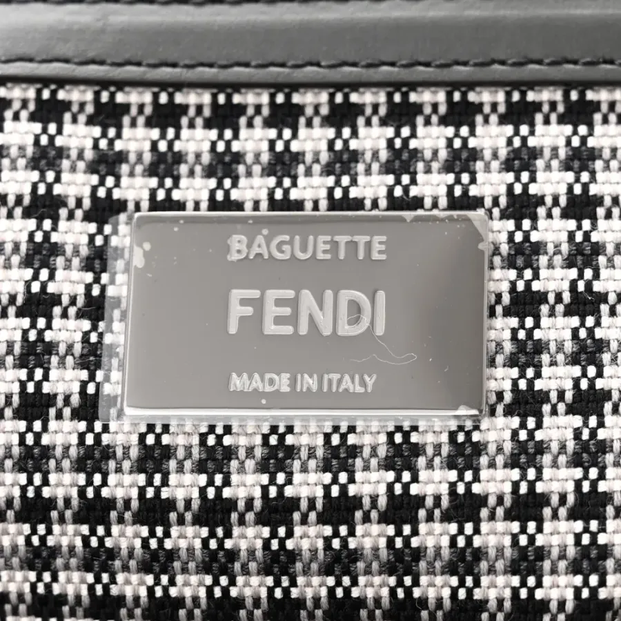 Fendi FF Embroidered Baguette Grigio / Anthracite Houndstooth Wool & King Vitello Leather Ruthenium Hardware