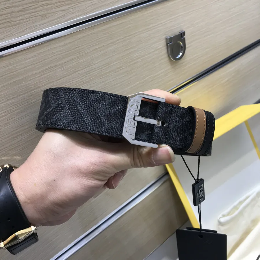 Fendi Men's Square Buckle Belt In Black/Brown Calfskin And Monogram Canvas With Gold/Silver Hardware 35mm