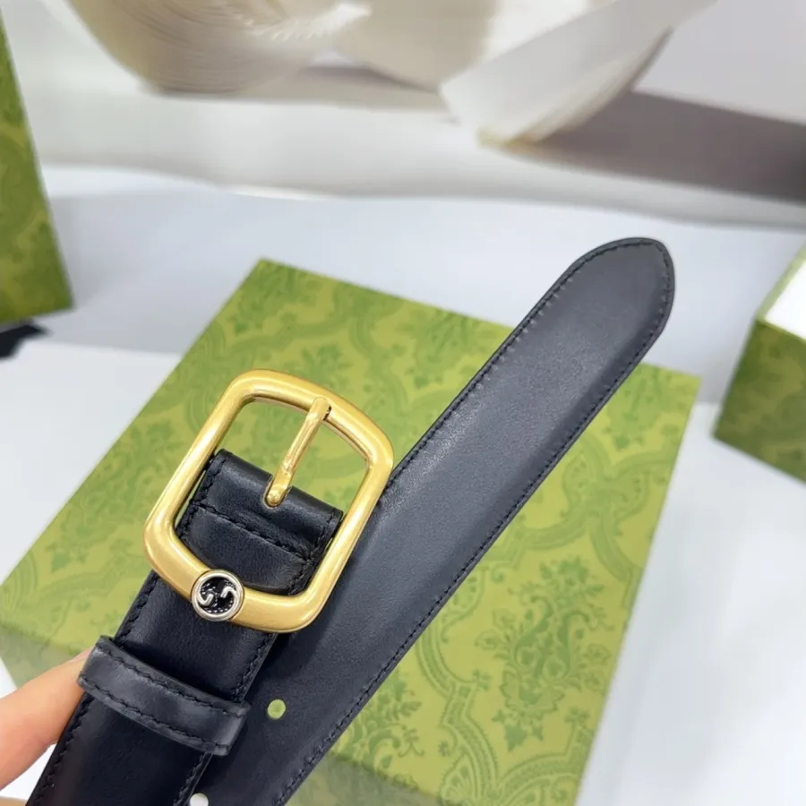 Gucci Women's Rectangular Buckle Belt In Black/Coffee/Brown/Red Smooth Calfskin With Gold Hardware 30mm