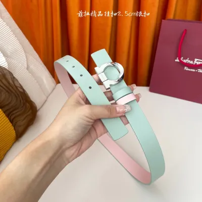 Ferragamo Women's Gancini Reversible Fixed Belt In Mint Blue/Blue/Red/Black/Pink Calfskin With Gold/Silver Hardware 25mm