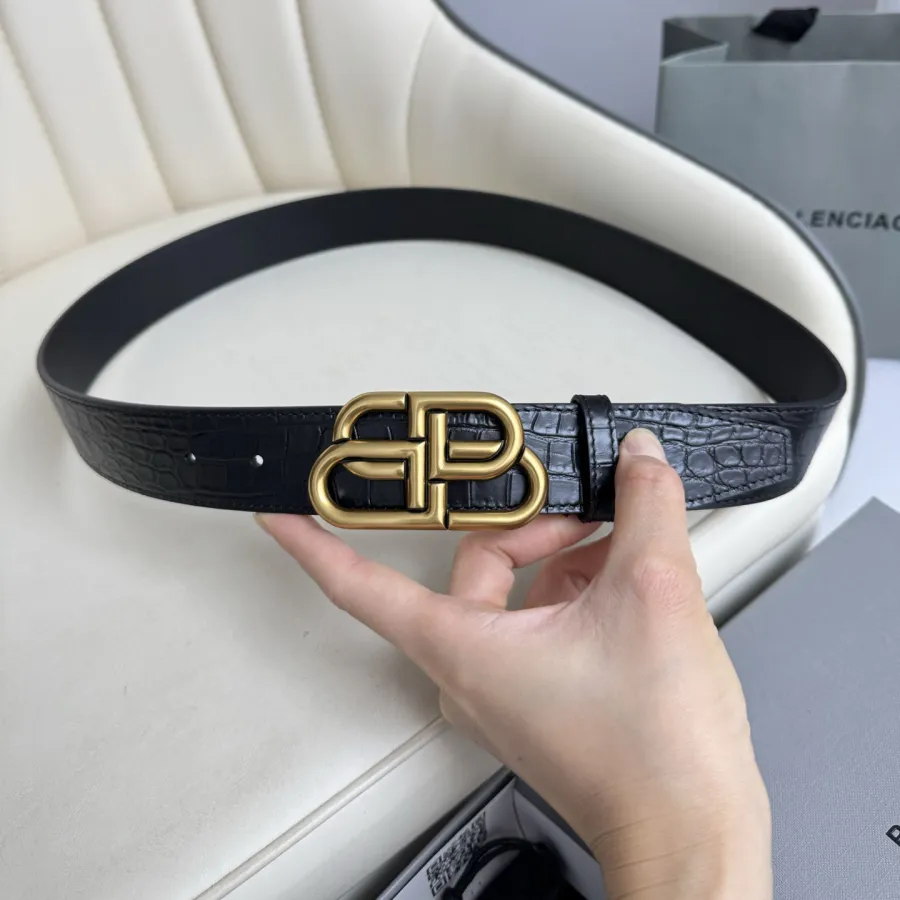 Balenciaga Men's New BB Palladium Buckle Belt In Black Embossed Crocodile Calfskin With Silver/Gold/Matte Black Hardware 35mm