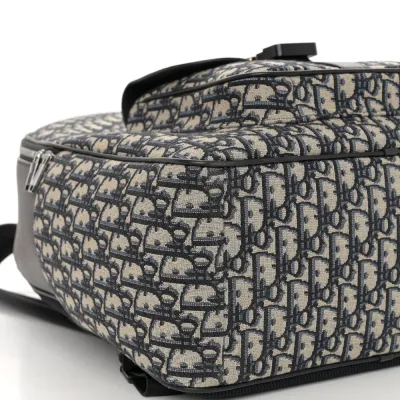 Dior Large Saddle Zip Backpack Black Oblique Canvas & Grained Calfskin Leather Silver Hardware