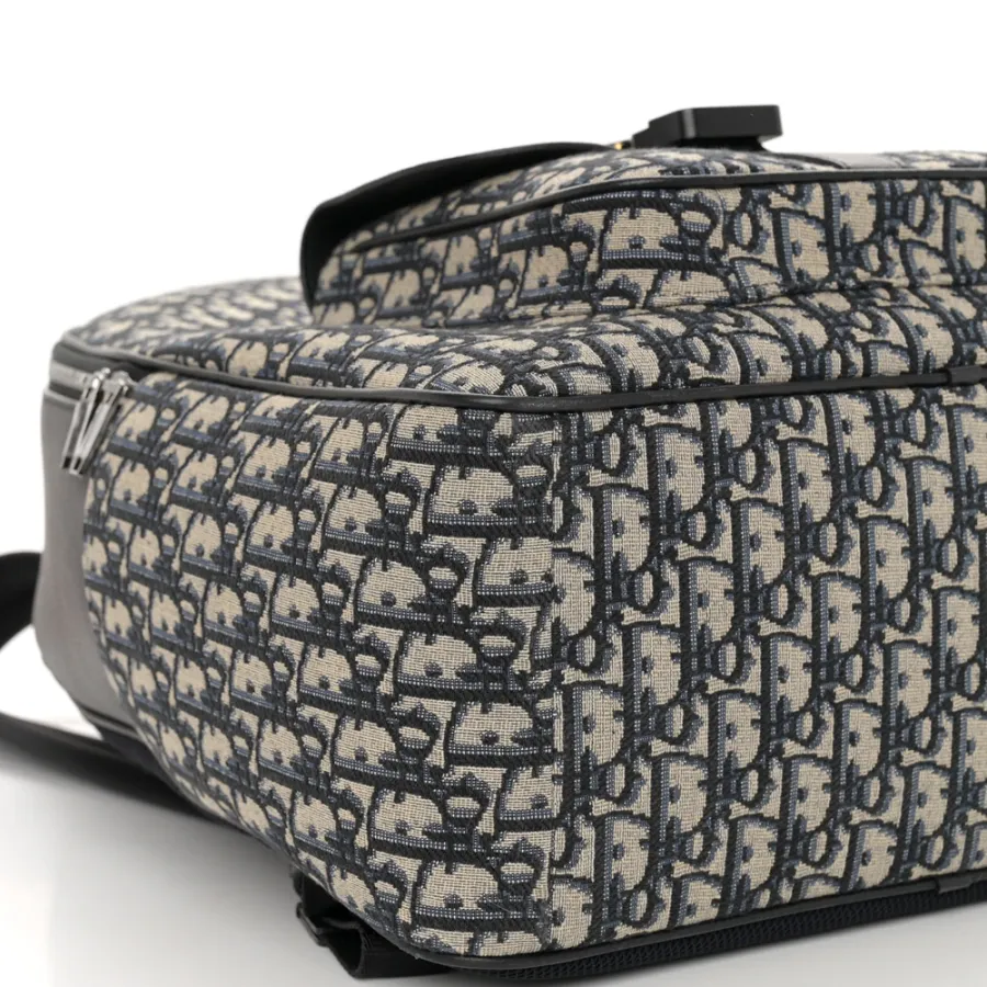 Dior Large Saddle Zip Backpack Black Oblique Canvas & Grained Calfskin Leather Silver Hardware