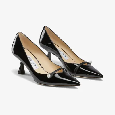 JIMMY CHOO Pearly decorated black patent leather pointed heels