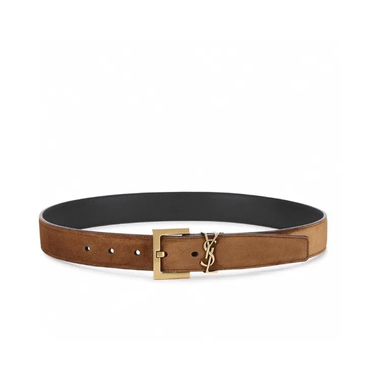 Saint Laurent Cassandre Belt In Brown Suede Leather With Gold Hardware 30mm