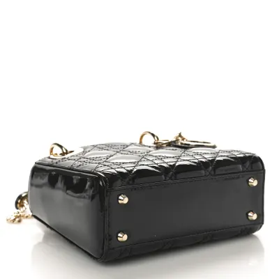 Dior Mini Lady Dior Black Patent Cannage Calfskin Leather Gold Hardware