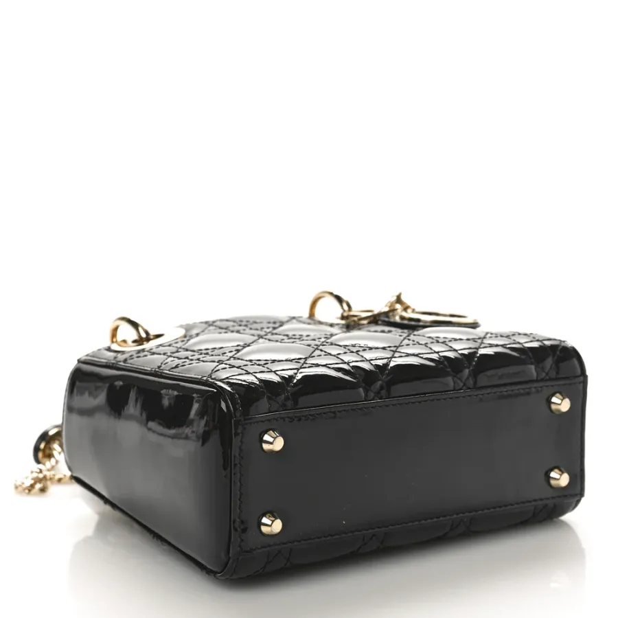 Dior Mini Lady Dior Black Patent Cannage Calfskin Leather Gold Hardware